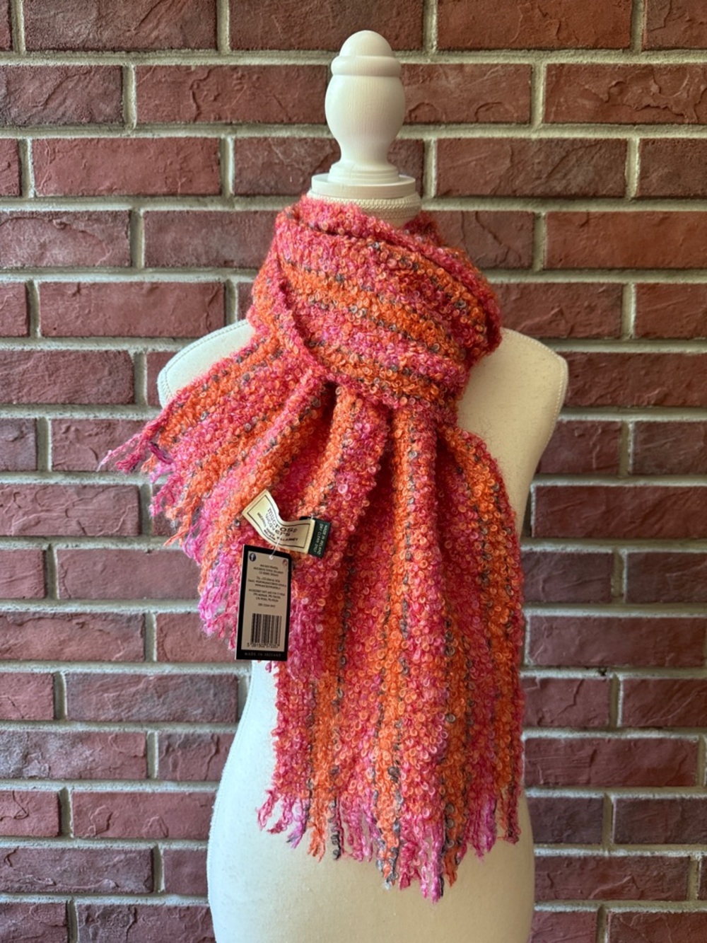NEW Mucros Weavers Ireland Wool Blend Pink-Orange Bouclé Scarf 8”x70” NWT